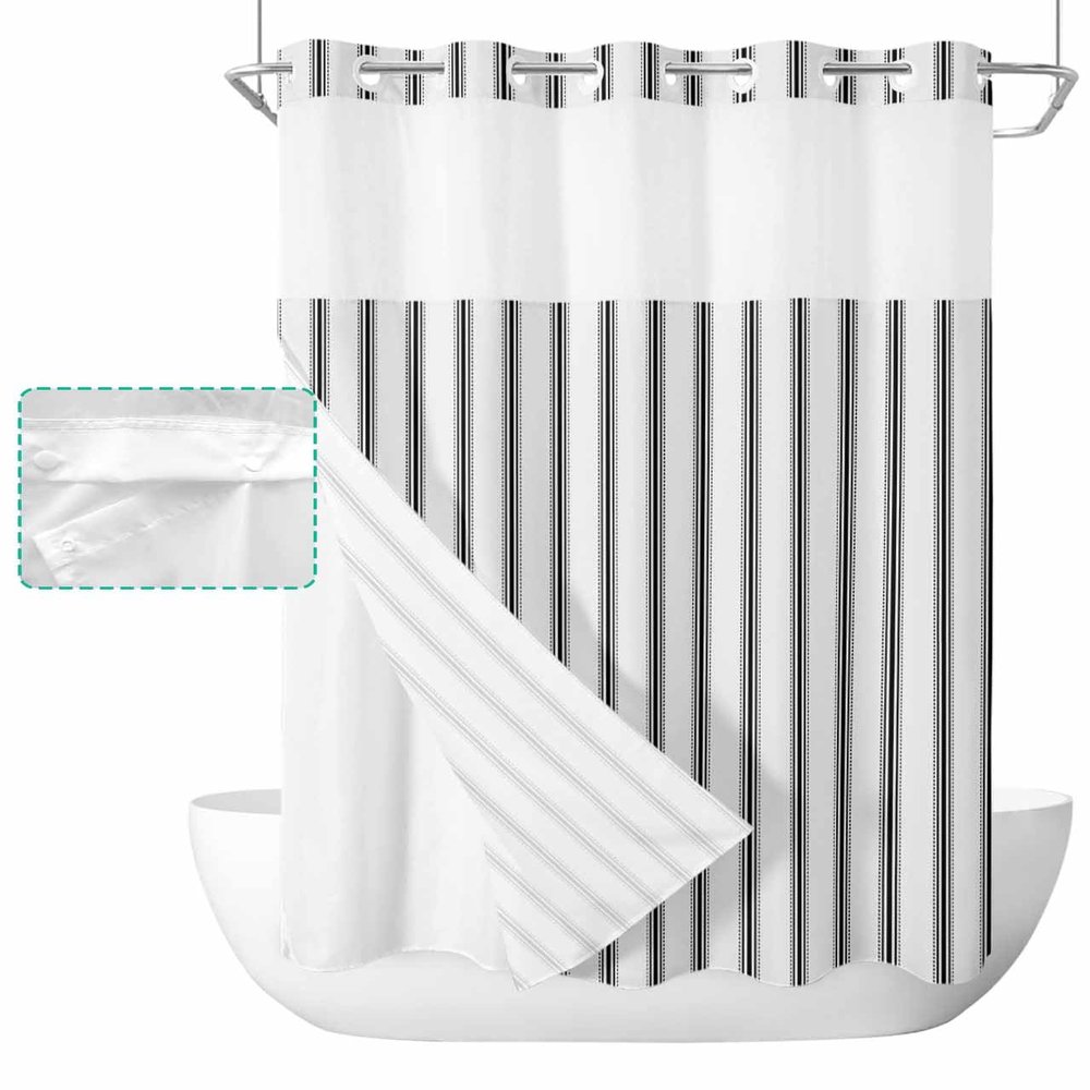 Anzona Black Striped No Hook Shower Curtains, Farmhouse Stall Bathroom Curtain with Snap in Liner, Modern Black Stripes Waterproof Washable Fabric Bathroom Shower Curtain Sets, 54" x 78"