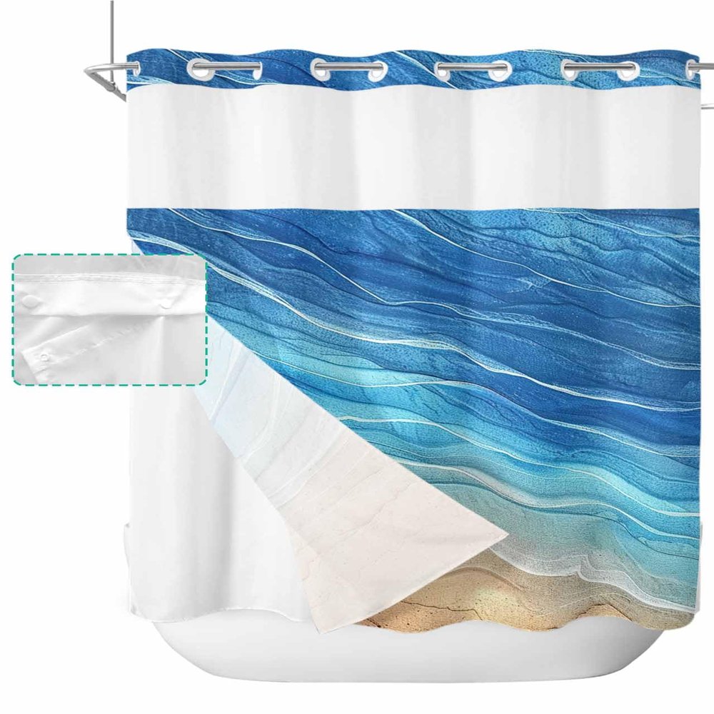 Anzona Blue Ombre No Hook Shower Curtains, Summer Beach Standard Bathtub Curtains with Snap in Liner, Coastal Nautical Blue Wave Waterproof Washable Fabric Bathroom Shower Curtain Sets, 72" x 72"