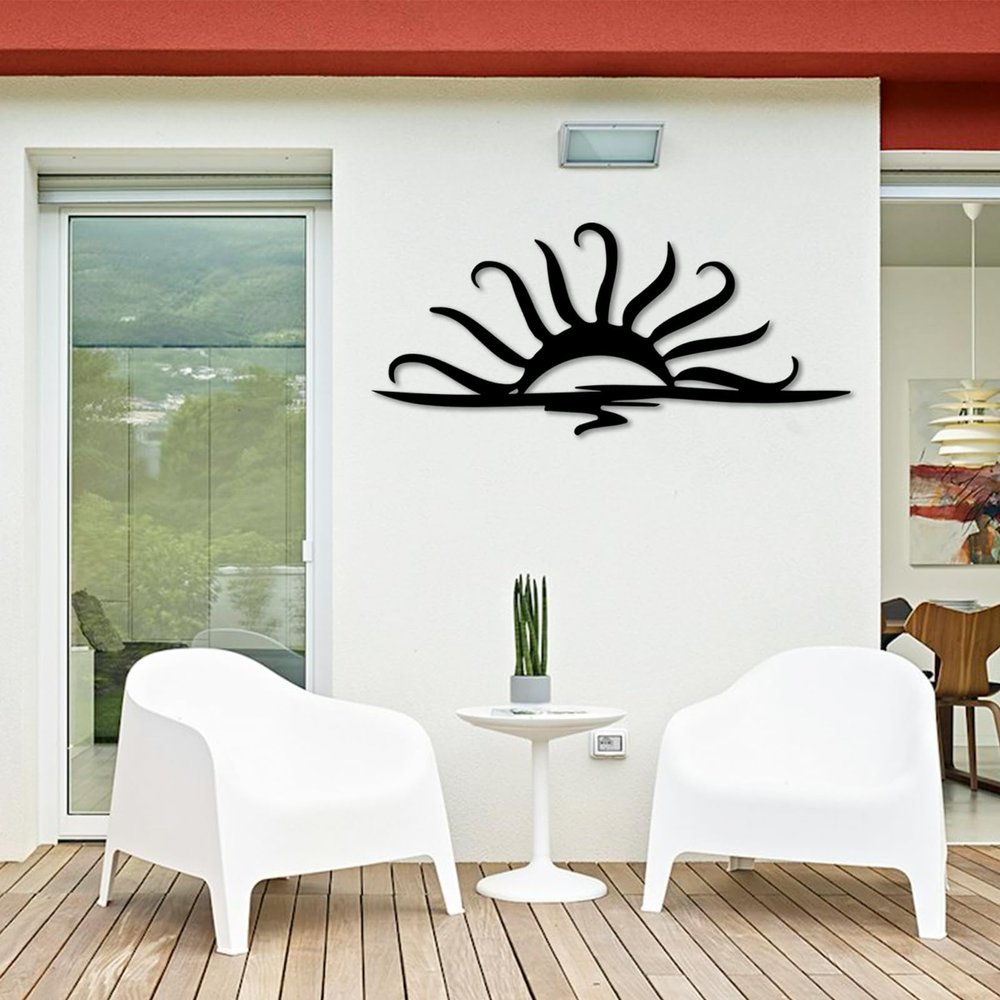 Flyoak Metal Sun Wall Art, Metal Sun Wall Decor Outdoor, Sunrise Metal Wall Art, Metal Wall Decor, Sunburst Wall Decor, Sunrise Decor, Wall Hangings for Bedroom, Living Room (Black, 59"x26"|150x66cm)
