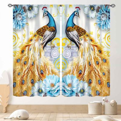 Peacock Curtains, Retro Vintage Blue Peacock Chinoiserie Oriental Penoy Floral Beautiful Peacock Teal Feathers Blackout Window Drapes Treatments for Bedroom Living Room Kitchen 2 Panels, 84"x63" Inch