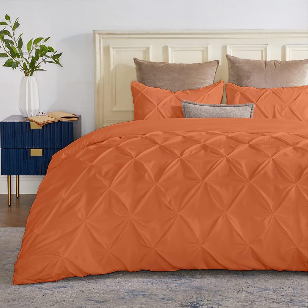 SLEEP-NEST Luxuries Decorative Alaskan King Pinch Duvet Cover Set 136" x 120" Oversized King 3 Piece with Zipper Closure 100% Egyptian Cotton Pintuck Cover for Comforter, Burnt Orange