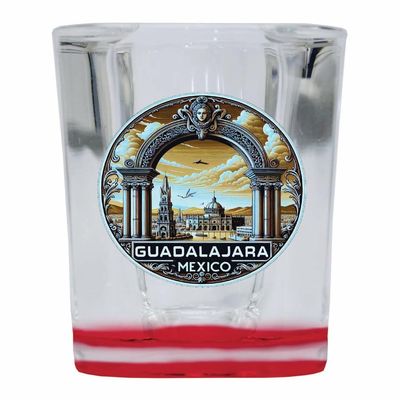 R and R Imports Guadalajara Mexico Souvenir 2 Ounce Shot Glass Square Red Base 2-Pack