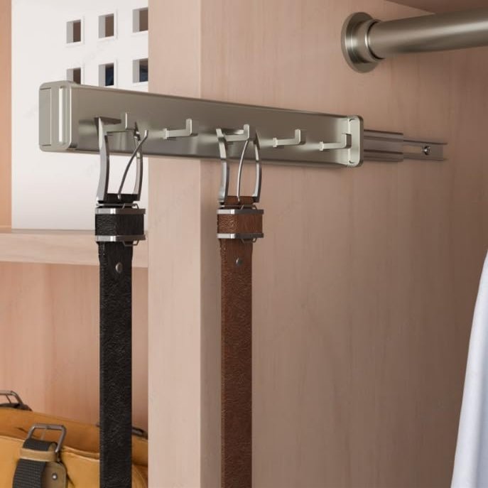 5-Hook Designer Wardrobe Reversible 11.75" Length Closet Belt Rack with 11" Retractable Pullout Extension and Installation Hardware (Matte Nickel)