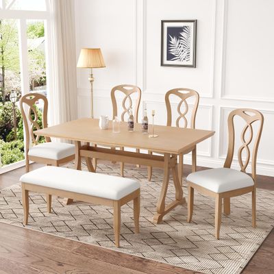 Brabrety Retro 6-Piece Trestle Dining Table Set with Upholstered Dining Chairs and Dining Bench, Smooth Dining Backs for Dining Room, Living Room, Kitchen (Natural+Beige@052)