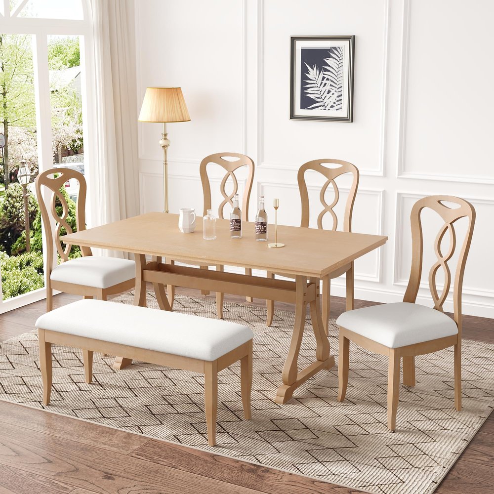 Brabrety Retro 6-Piece Trestle Dining Table Set with Upholstered Dining Chairs and Dining Bench, Smooth Dining Backs for Dining Room, Living Room, Kitchen (Natural+Beige@052)