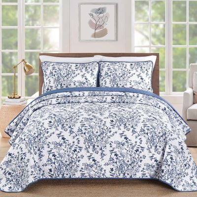 WONGS BEDDING Quilt King Size, Blue Quilt Bedding Set with 2 Pillowcases, Botanical Quilt for King Bed, Soft Microfiber Lightweight Coverlet Bedspread for All Season (110"90", 3 Pieces)