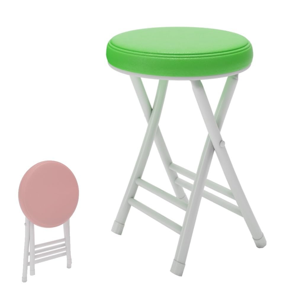FUREMA 20" Home Folding Stool Collapsible Padded Bar Stool Round Kitchen Stools No Back Portable Breakfast Chairs PU Leather for Kitchen Breakfast Cafe(Dark Green)