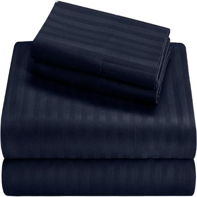 100% Cotton RV Sheets Set 4 PC - 400 TC - Soft and Smooth Bed Sheets for Campers, RV's & Travel Trailers Easy Fit Mattress up to 10 Inch Deep Pockets - Navy Blue Stripe - (72X80) CAMPER King Size