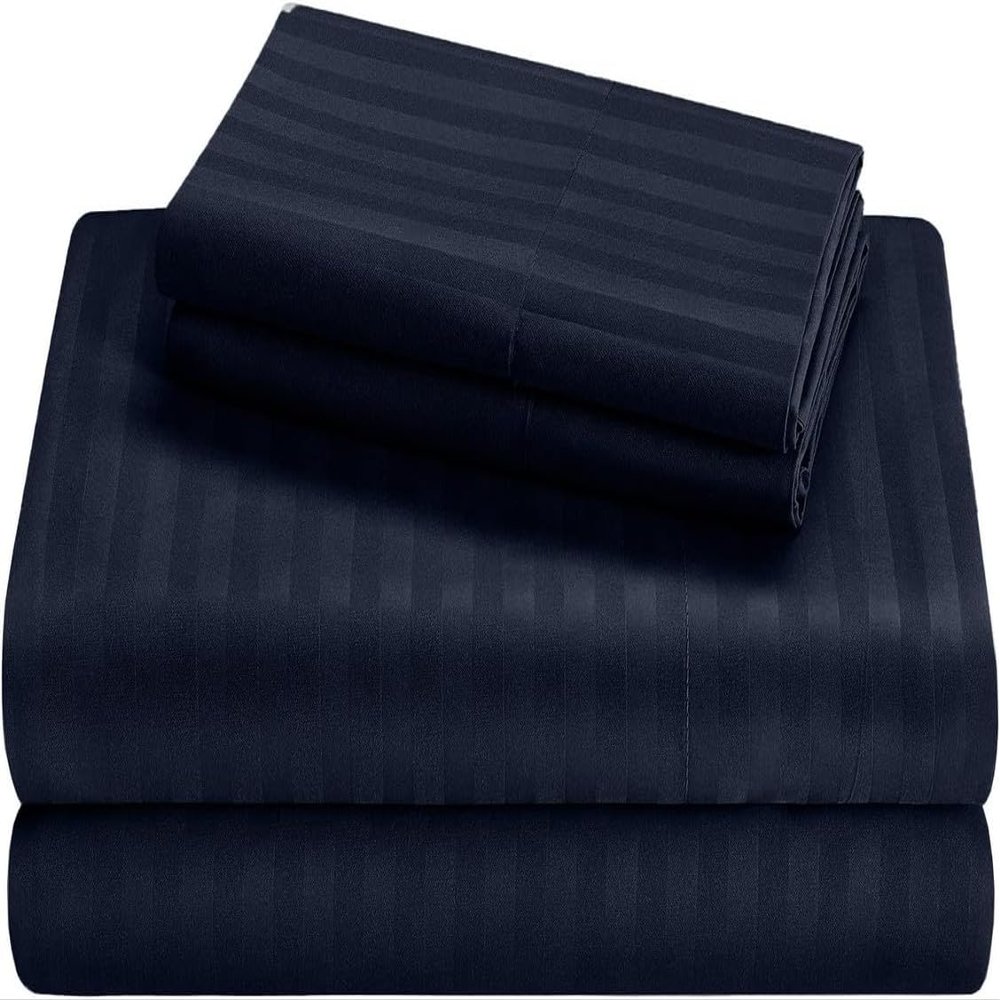 100% Cotton RV Sheets Set 4 PC - 400 TC - Soft and Smooth Bed Sheets for Campers, RV's & Travel Trailers Easy Fit Mattress up to 10 Inch Deep Pockets - Navy Blue Stripe - (72X80) CAMPER King Size