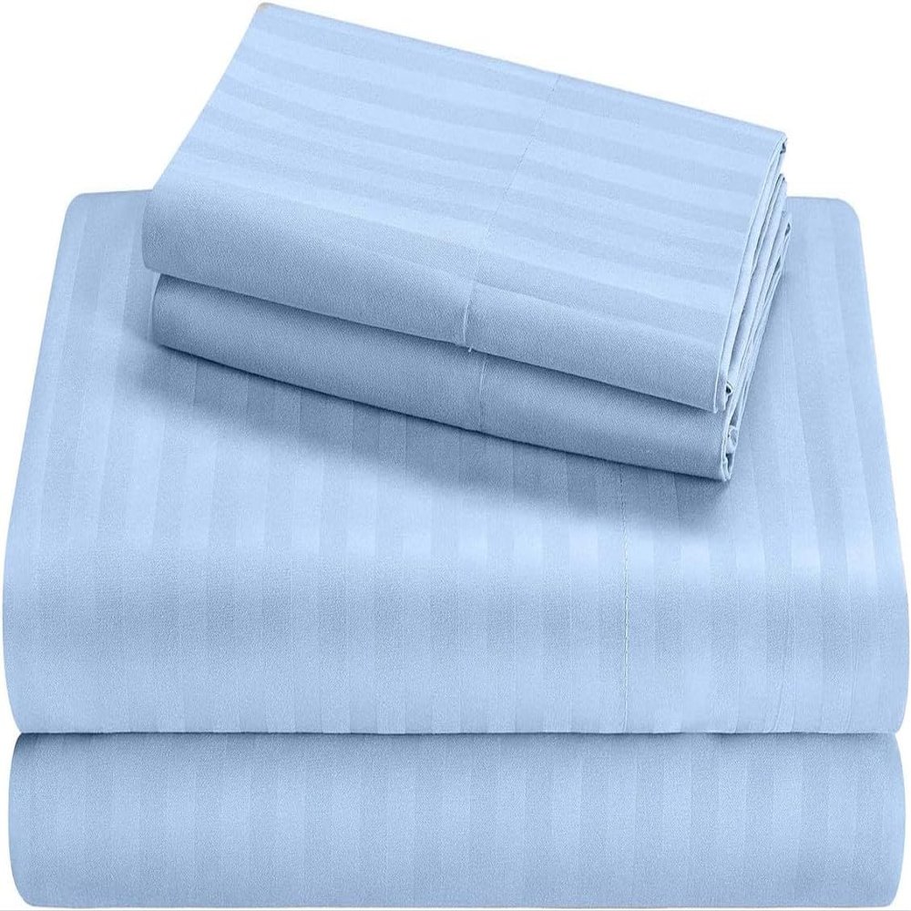 100% Cotton RV Sheets Set 4 PC - 400 TC - Soft and Smooth Bed Sheets for Campers, RV's & Travel Trailers Easy Fit Mattress up to 10 Inch Deep Pockets - Light Blue Stripe - (28X75) Bunk Size