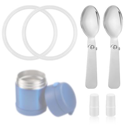 2pcs Stainless Steel Spoons & 2pcs Gaskets & 2pcs Elastic Columns Compatible with Thermos Funtainer 10OZ Food Jars, Small Foldable Spoons Replacement Accessories Dishwasher Safe