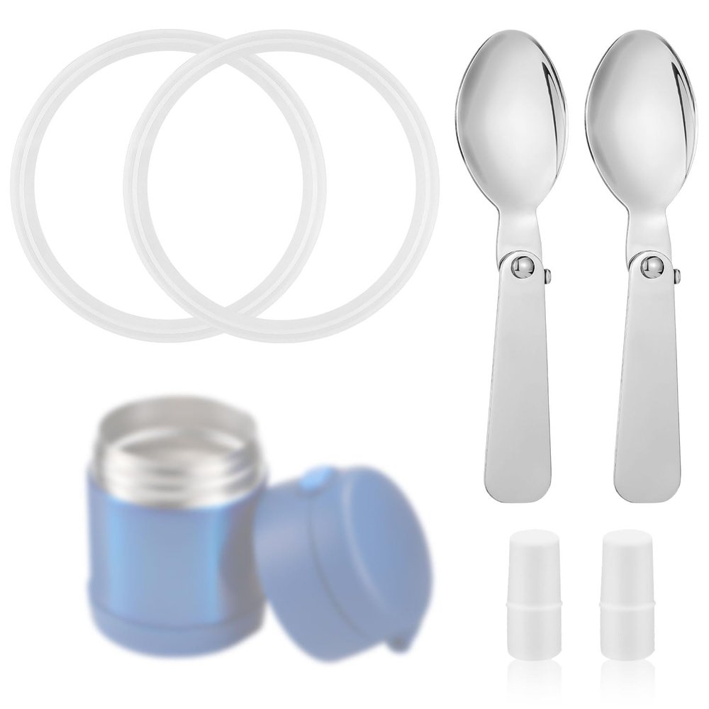 2pcs Stainless Steel Spoons & 2pcs Gaskets & 2pcs Elastic Columns Compatible with Thermos Funtainer 10OZ Food Jars, Small Foldable Spoons Replacement Accessories Dishwasher Safe