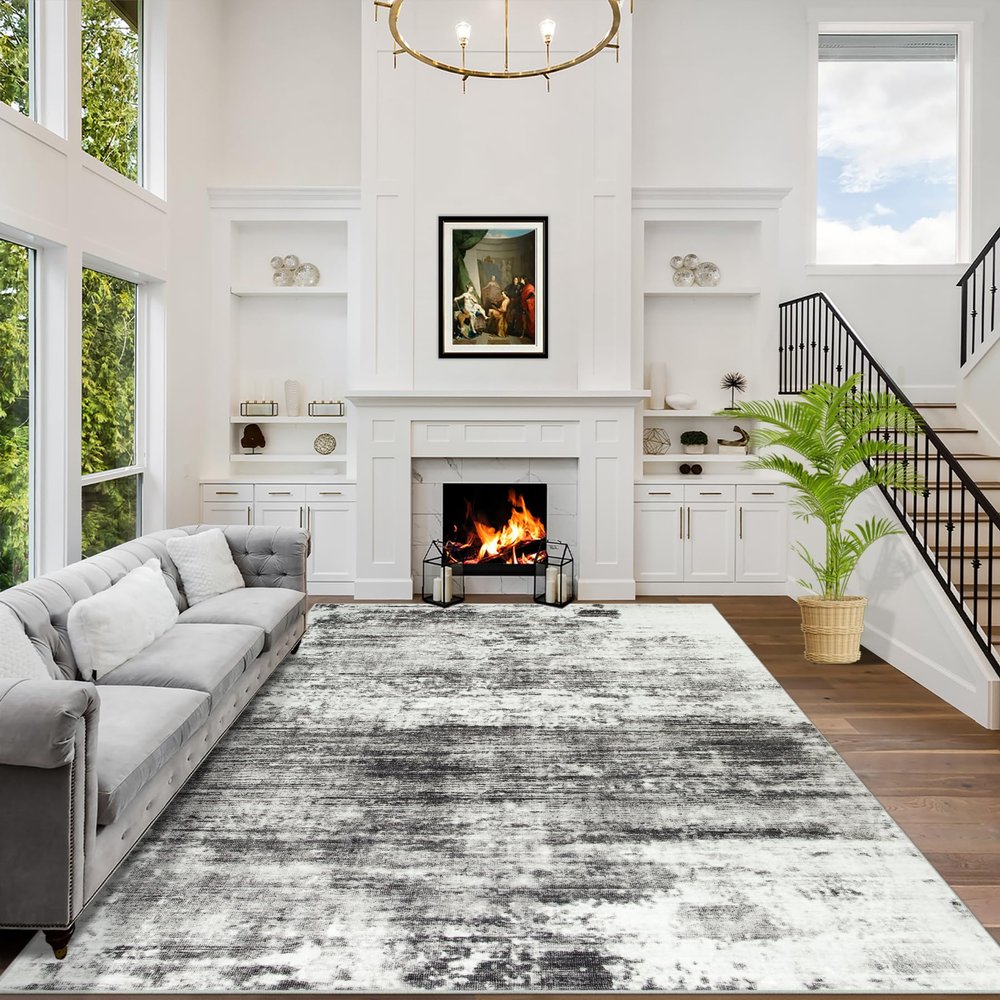 10x14 Area Rugs Washable Rug: Modern Abstract Living Room Rug Soft Anti-Skid Thin Carpet Indoor Floor Non-Shedding Carpets for Bedroom Dining Room Farmhouse Nursery Home Office Black Grey