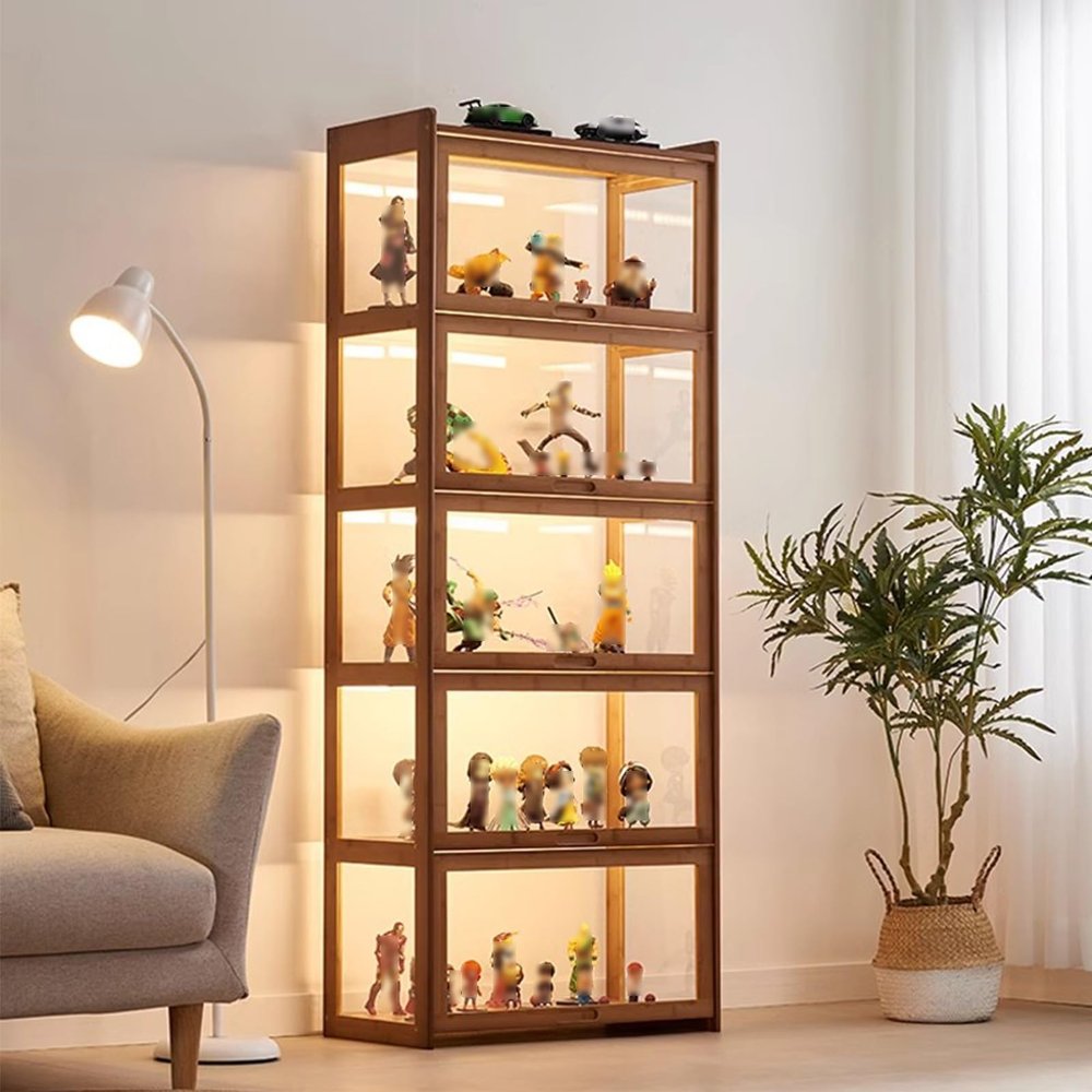 Natural Bamboo Display Cabinet Display Cabinet With Acrylic Cabinet Door Modern Minimalist Flip Door Cabinet Doorsealed Dustproof Easy To Clean Curio Cabinet Glass Display Shelf(Brown,5F-69x34x172.5cm