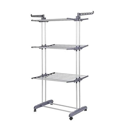 SENBAILU Folding Hanger Multifunctional Retractable Clothes Rack, Three-Layer Double-Rod Coat Rack, Detachable Floor, Standing Clothes Drying Rack Foldable Coat Hanger