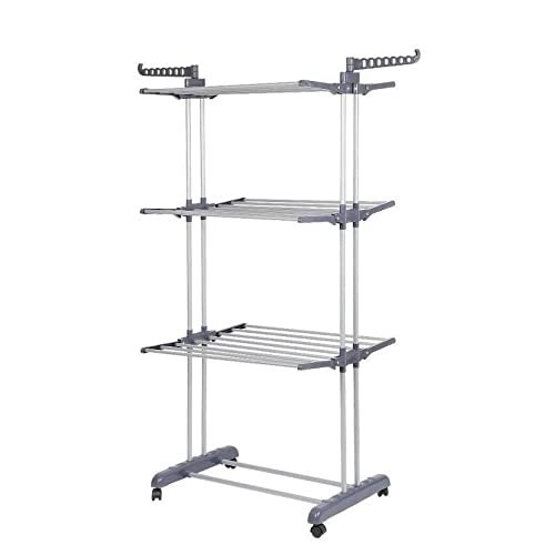 SENBAILU Folding Hanger Multifunctional Retractable Clothes Rack, Three-Layer Double-Rod Coat Rack, Detachable Floor, Standing Clothes Drying Rack Foldable Coat Hanger