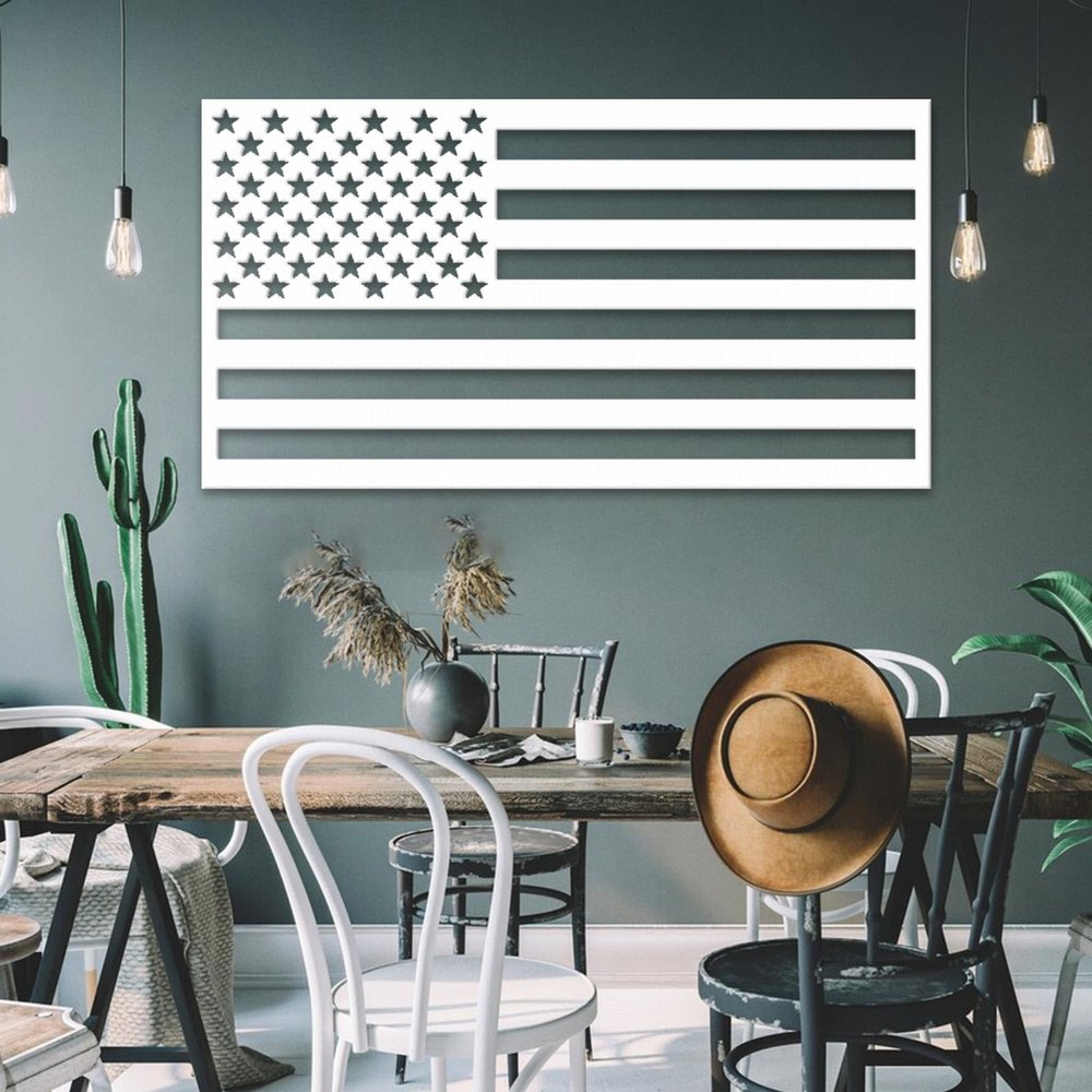 Idadey American Flag Wall Art Metal, Usa Flag Wall Decor Outdoor, Minimalist Wall Art, Independence Day, American Decor Living Room, Patriotic Gift (White1, 59L x 31W)