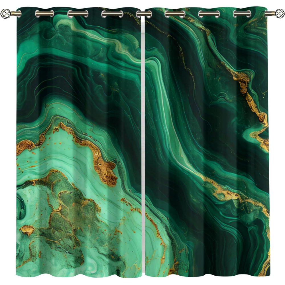 Luxury Blackout Curtains, Emerald Green Gilded Marble Texture Printed Curtains, Washable Energy Saving Window Drapes for Living Room Bedroom Kitchen Office Hotel 2 Panels - 2x54 Wx84 L