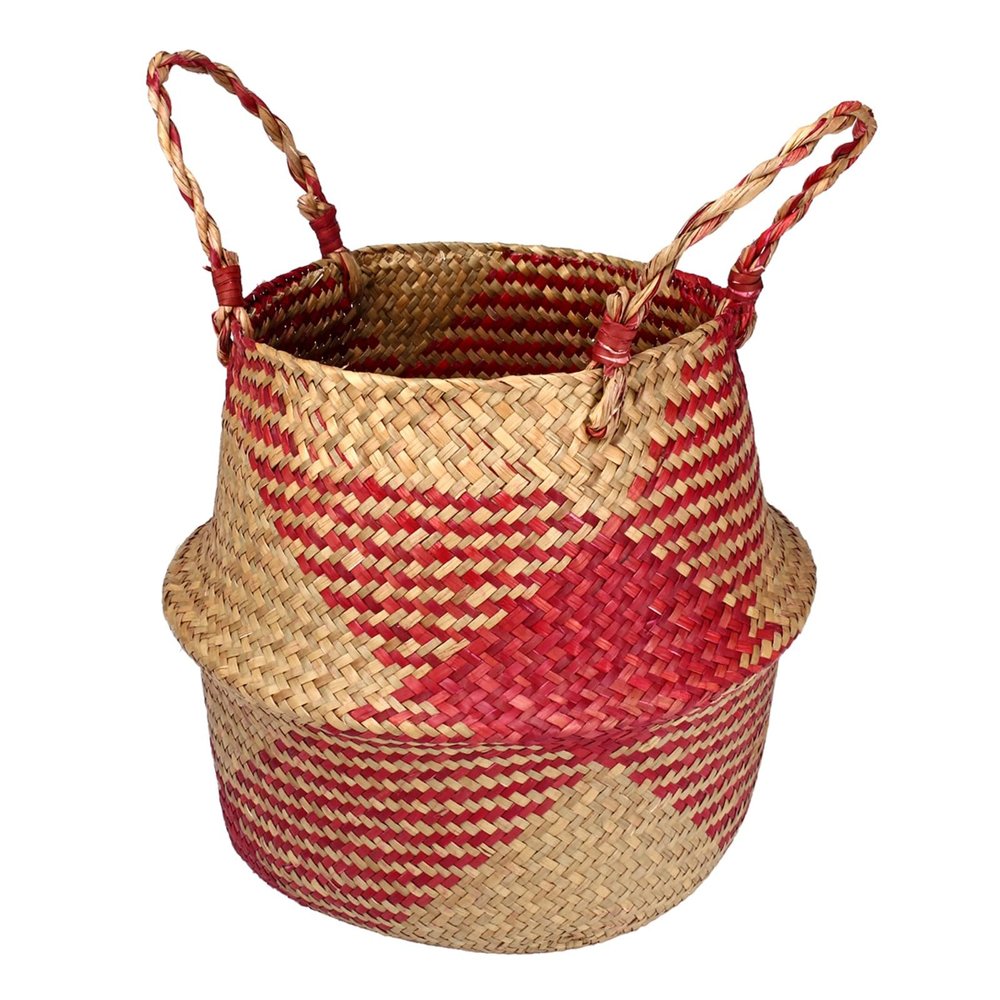 Handwoven Wicker Storage Baskets with Handles - Foldable Decorative Baskets for Home Organization, Red (Medium)
