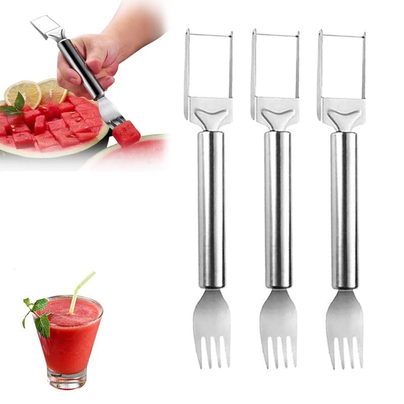 2-in-1 Stainless Steel Fruit Cutter, Upgraded Watermelon Slicer, Dual Head Fruit Forks for Home, Kitchen, Camping (3pcs)