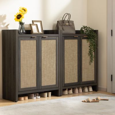 SICOTAS Shoe Cabinet Set of 2, Large Capacity Shoe Storage Organizer Cabinet, Tall Rattan Shoe Cabinet with Doors and Shelves, 6-Tier Farmhouse Boho Wooden Storage Cabinet for Entryway, Black Oak