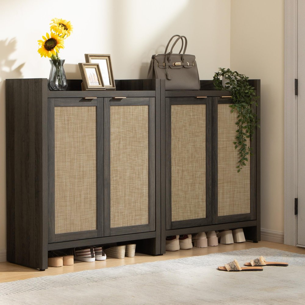 SICOTAS Shoe Cabinet Set of 2, Large Capacity Shoe Storage Organizer Cabinet, Tall Rattan Shoe Cabinet with Doors and Shelves, 6-Tier Farmhouse Boho Wooden Storage Cabinet for Entryway, Black Oak