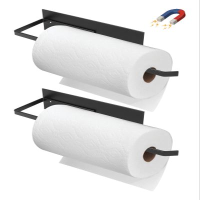 Paper Towel Holder Black, Toilet Paper Roll Holder Magnetic Towel Rack Wall Mount Fridge Organizer Shelf for Towels Rolls Bar Bathroom Toilet Pantry RV Essentials Kitchen Organizers and Storage 2 Pack