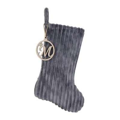 Pxniy 19.5 Inch Embossed Stripe Christmas Stocking,Personalized Xmas Stocking with Gold Wooden Initial Monogram,Fireplace Christmas Party Decoration and Xmas Gift(Gray,Letter M)