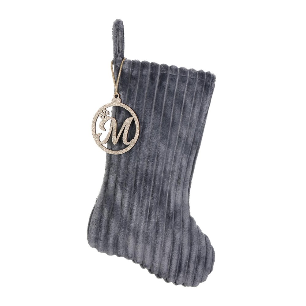 Pxniy 19.5 Inch Embossed Stripe Christmas Stocking,Personalized Xmas Stocking with Gold Wooden Initial Monogram,Fireplace Christmas Party Decoration and Xmas Gift(Gray,Letter M)