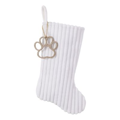 Pxniy 19.5 Inch Embossed Stripe Christmas Stocking,Personalized Xmas Stocking with Gold Wooden Initial Monogram,Fireplace Christmas Party Decoration and Xmas Gift(White,paw)