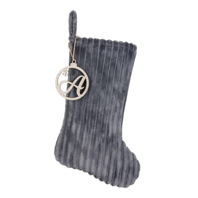 Pxniy 19.5 Inch Embossed Stripe Christmas Stocking,Personalized Xmas Stocking with Gold Wooden Initial Monogram,Fireplace Christmas Party Decoration and Xmas Gift(Gray,Letter A)