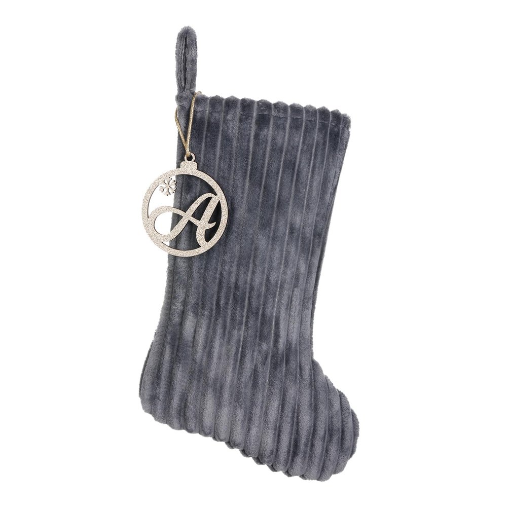 Pxniy 19.5 Inch Embossed Stripe Christmas Stocking,Personalized Xmas Stocking with Gold Wooden Initial Monogram,Fireplace Christmas Party Decoration and Xmas Gift(Gray,Letter A)