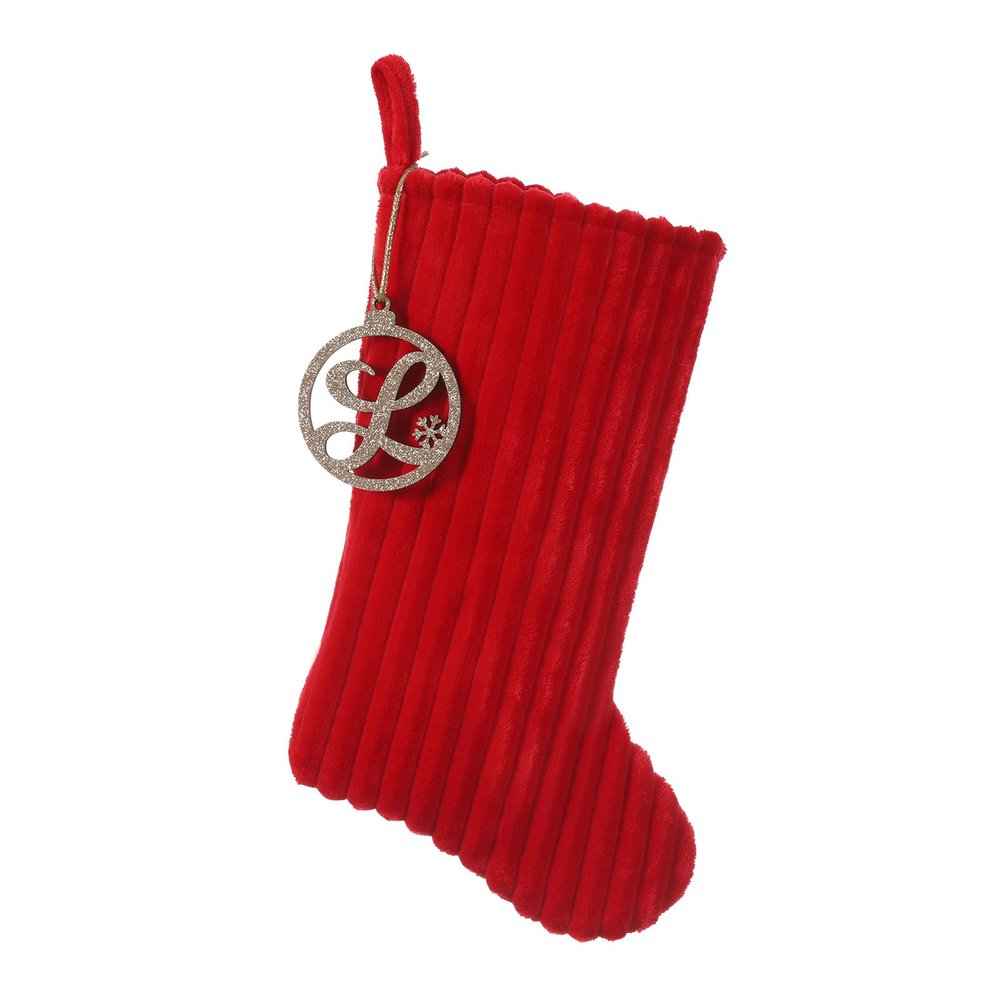 Pxniy 19.5 Inch Embossed Stripe Christmas Stocking,Personalized Xmas Stocking with Gold Wooden Initial Monogram,Fireplace Christmas Party Decoration and Xmas Gift(Red,Letter L)