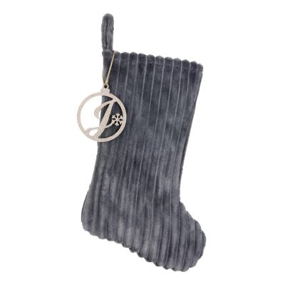 Pxniy 19.5 Inch Embossed Stripe Christmas Stocking,Personalized Xmas Stocking with Gold Wooden Initial Monogram,Fireplace Christmas Party Decoration and Xmas Gift(Gray,Letter J)