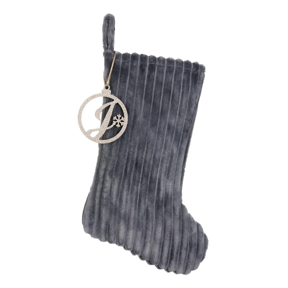Pxniy 19.5 Inch Embossed Stripe Christmas Stocking,Personalized Xmas Stocking with Gold Wooden Initial Monogram,Fireplace Christmas Party Decoration and Xmas Gift(Gray,Letter J)