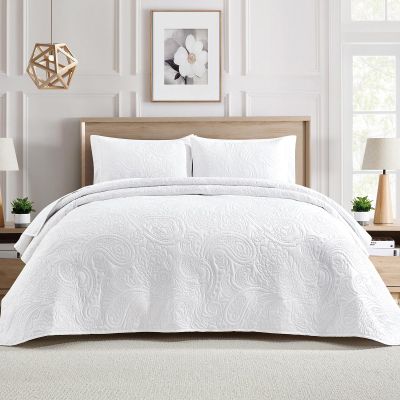 BOURINA Ultrasonic Quilt Set Bedspreads 3-Piece Bedding Set Pre-Washed Microfiber Ultra Soft Lightweight Flower Coverlet Set for All Season, King White