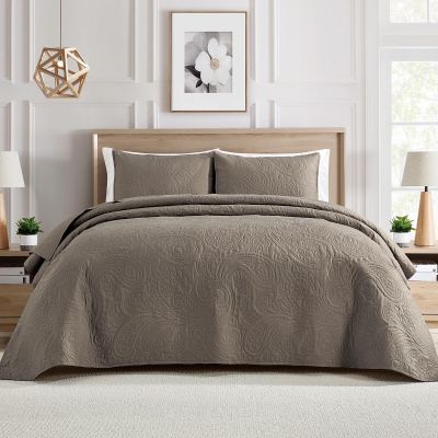 BOURINA Ultrasonic Quilt Set Bedspreads 3-Piece Bedding Set Pre-Washed Microfiber Ultra Soft Lightweight Flower Coverlet Set for All Season, Queen Taupe