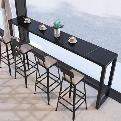 Modern Slate Bar Table,Long Counter Height Console Table,Faux Marble Top With Iron Base,Narrow Trestle Table Dining Table Kitchen Table Bar Coffee Table,No Stool(63"L x 15.7"W x 41.3"H, Black)