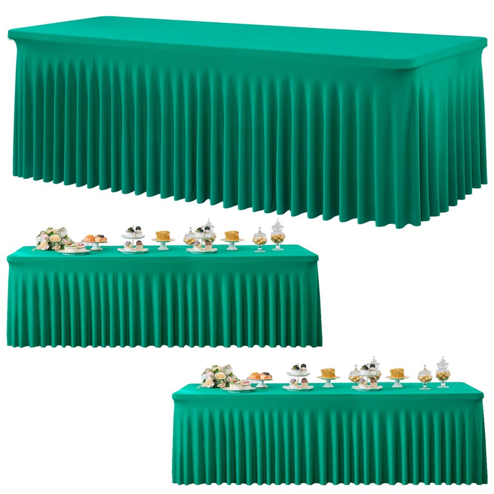 3 Pack Emerald Green Spandex Tablecloth for 8 Foot Rectangle Tables, Wrinkle Free Fitted Table Cloth Cover 8ft Green Stretchy Tablecloths with Skirt for Parties Weddings Birthday Banquet Baby Shower