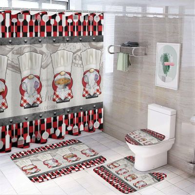 FBMLBRB Brebasf Cartoon Gnome Cooking Chef for Bathroom Shower Curtains Sets with Rugs 4Pcs,Vintage Chef Gnome Cooking Theme Kitchenware Plaid Design Shower Curtains Sets (12Hooks)