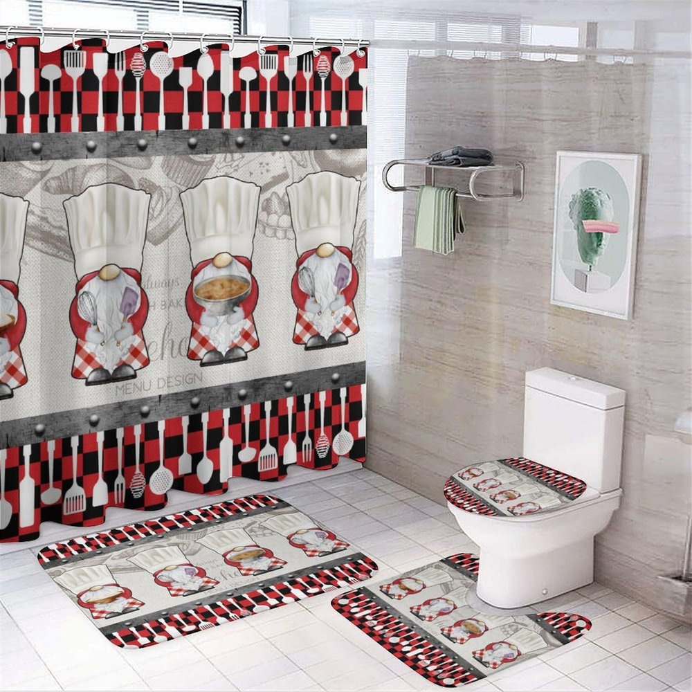 FBMLBRB Brebasf Cartoon Gnome Cooking Chef for Bathroom Shower Curtains Sets with Rugs 4Pcs,Vintage Chef Gnome Cooking Theme Kitchenware Plaid Design Shower Curtains Sets (12Hooks)