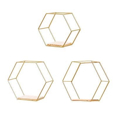 BEIJIALY Wall Mounted Hexagonal Floating Shelves Set, Floating Geometric Hexagon Shelf Wall Mount, Metal Wire and Wood Wall Mounted Storage Shelf Wall Decor for Living Roo, Bedroom(Gold)