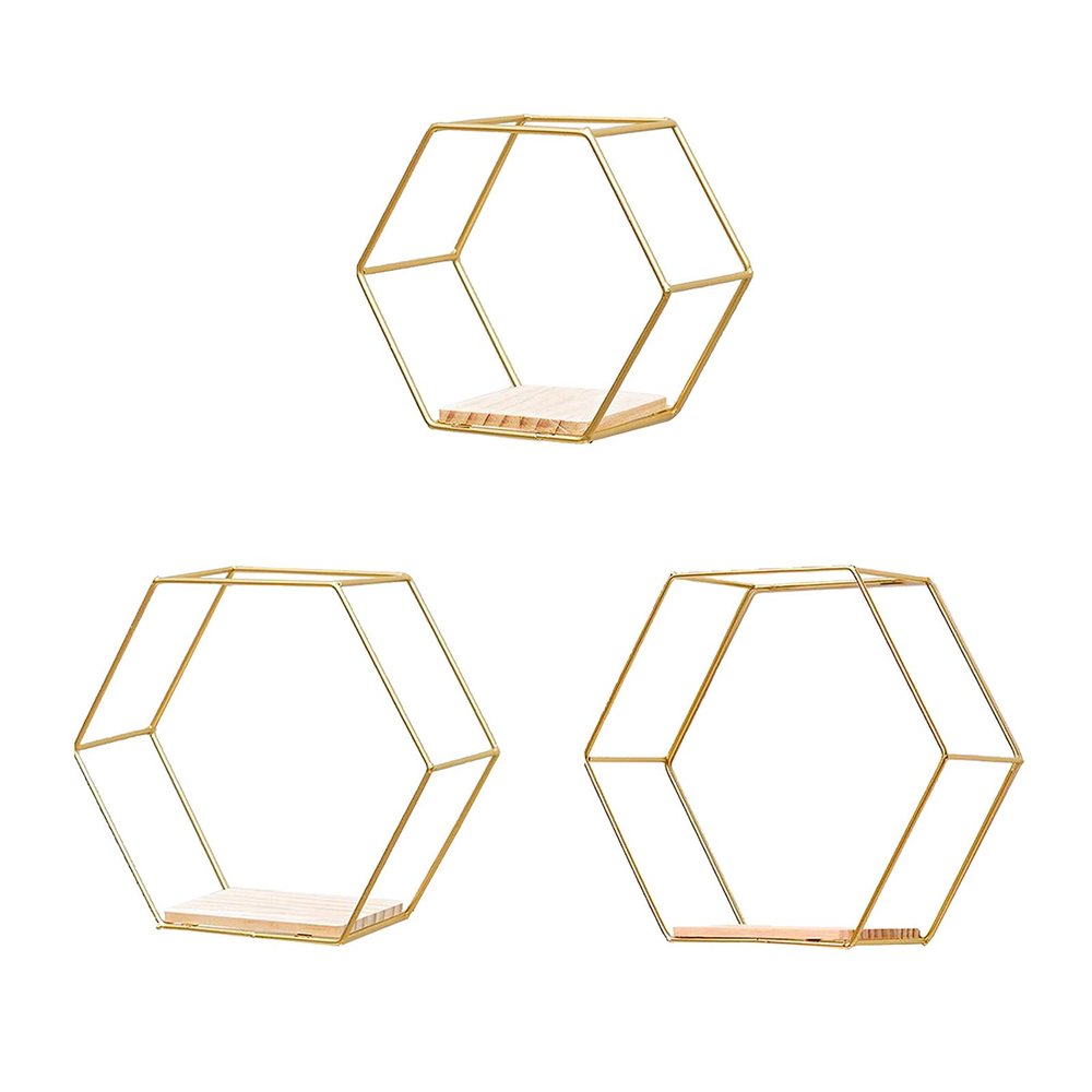BEIJIALY Wall Mounted Hexagonal Floating Shelves Set, Floating Geometric Hexagon Shelf Wall Mount, Metal Wire and Wood Wall Mounted Storage Shelf Wall Decor for Living Roo, Bedroom(Gold)