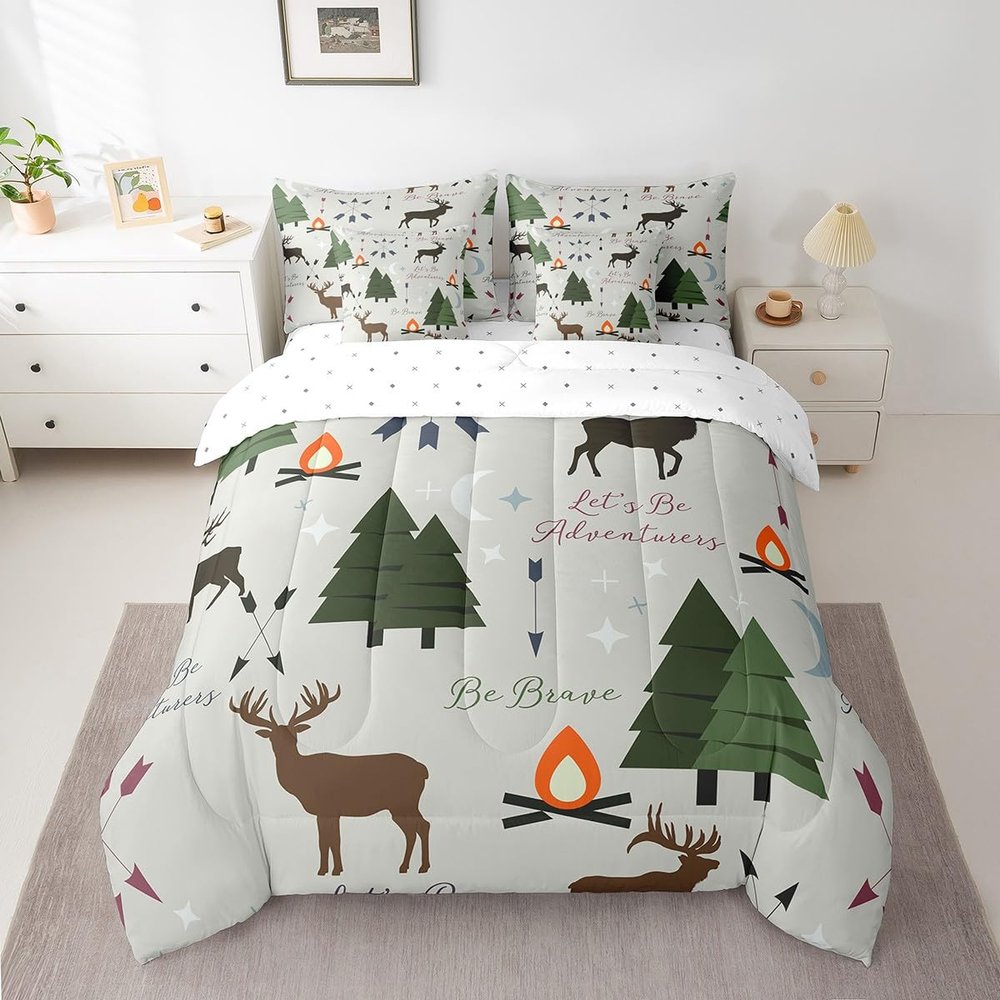 Adventure Deer Bedding Set King,Cartoon Pine Tree Jungle Animals 7Pcs Comforter Set,Arrow and Stars Moon Fitted + Flat Sheet Kids Girls Boys Adult Room Decor Rustic Camping 2 Pillow Cover Green