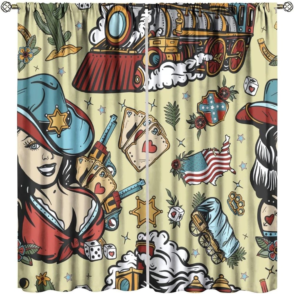 Cowgirl Blackout Window CurtainAmerican Western Old School Tattoo Style Wild West Cowboy Girl,Train,Sheriff Star Golden Horseshoe for Home Kitchen Restaurant Decoration Window Curtain 2Panel 72"W X 6