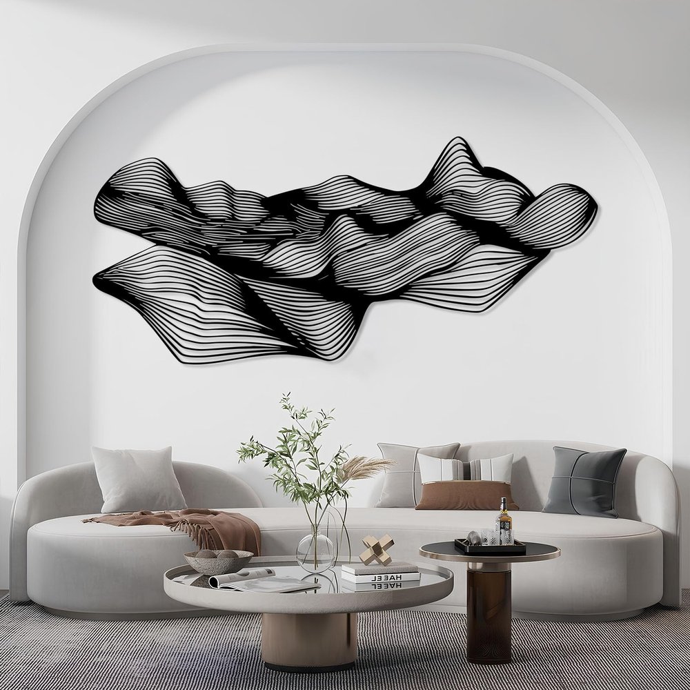 Abstract Wall Art, Abstract Line Wall Art, Large Metal Wall Hanging, Modern Wall Art, Metal Line Art Wall Decor, Contemporary Wall Sculpture, Living Room Wall Decor (Black, 22"x48"|55x121cm)