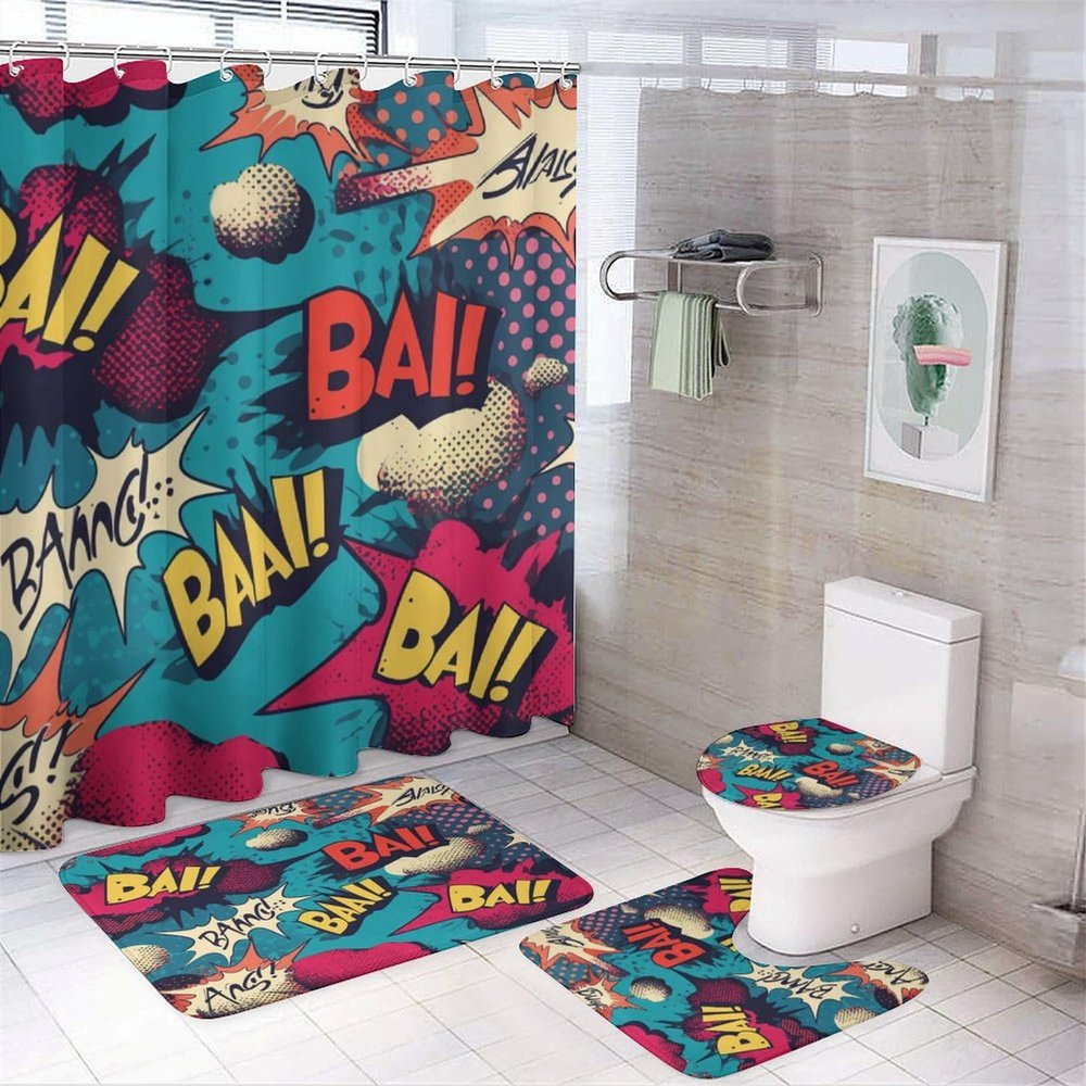 Brebasf Abstract City Graffiti Shower Curtain Colorful Cool Modern Comic Teen Print Bathroom Shower Curtain Set with Hooks