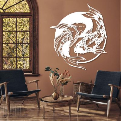 Metal Fish Wall Decor, Koi Fish Metal Wall Art, Yin Yang Decor, Feng Shui Sculpture, Betta Fish Wall Hanging, Wall Decor Bathroom, Living Room, Housewarming Gift (White, 16"x19"|41x47cm)