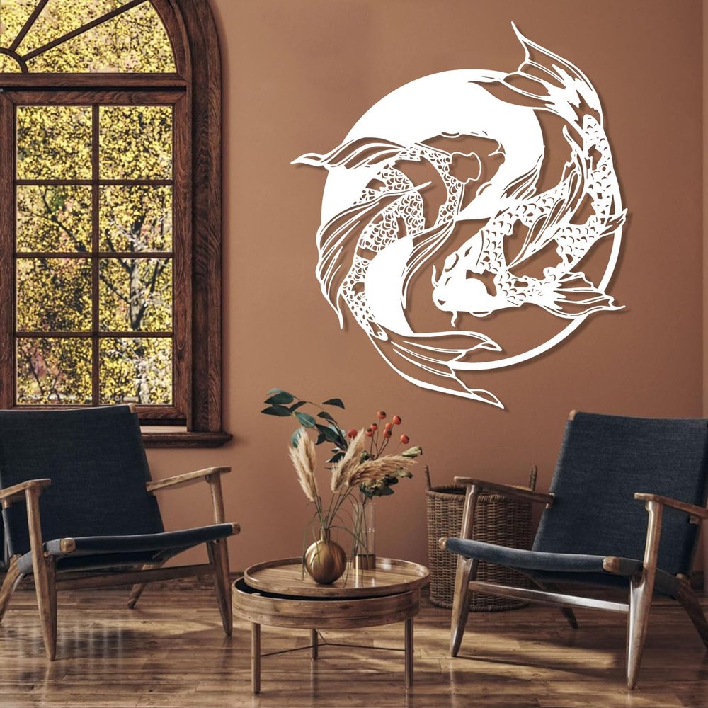 Metal Fish Wall Decor, Koi Fish Metal Wall Art, Yin Yang Decor, Feng Shui Sculpture, Betta Fish Wall Hanging, Wall Decor Bathroom, Living Room, Housewarming Gift (White, 16"x19"|41x47cm)