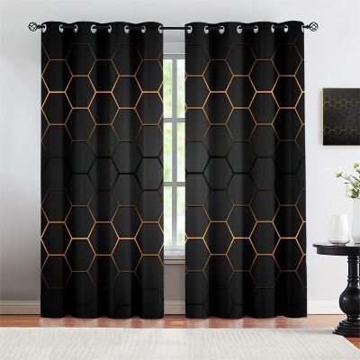 Abstract Honeycomb Curtains for Bedroom, Modern Black and Gold Geometric Hexagon Window Drapes, Grommet Thermal Insulated Blackout Curtains, for Living Room Bedroom Office (27.5"W x 63"L) x 2